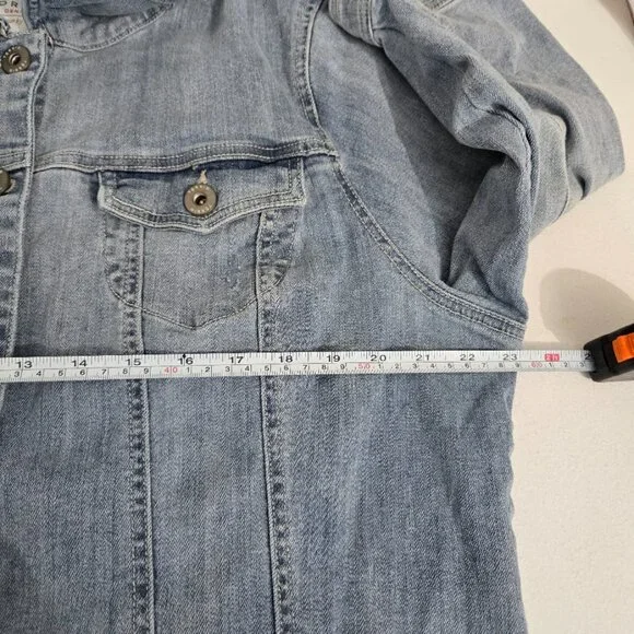 Torrid Crop Denim Jacket Light Wash Sz 3X Stretch 3/4 Sleeve Button Up Collared - Picture 7 of 12